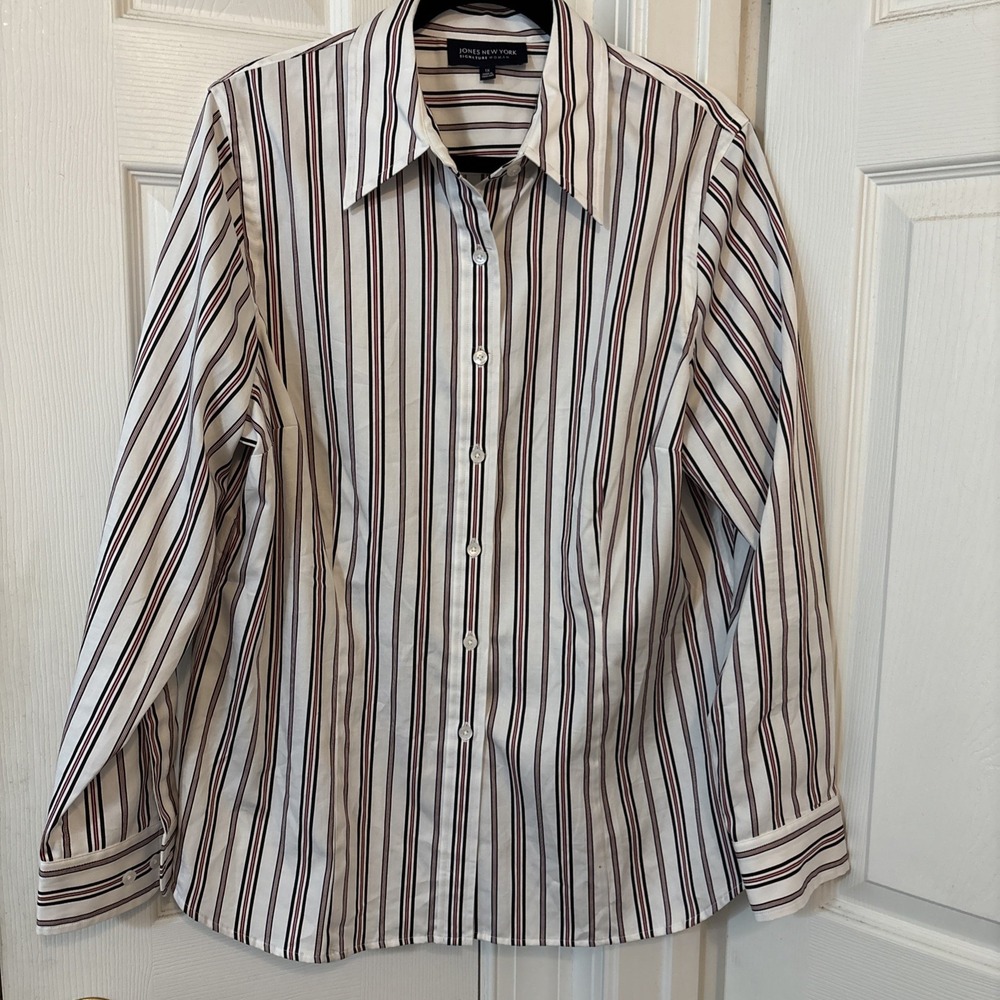 Jones New York Signature Woman 1X LS Cotton Blouse White Navy Red Stripes Career